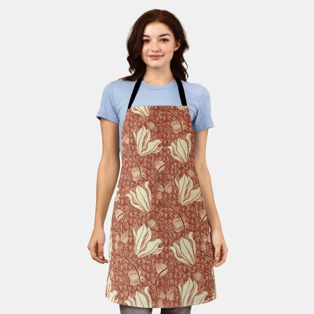 William Morris Style Red Lily Floral Pattern Apron (Worn)