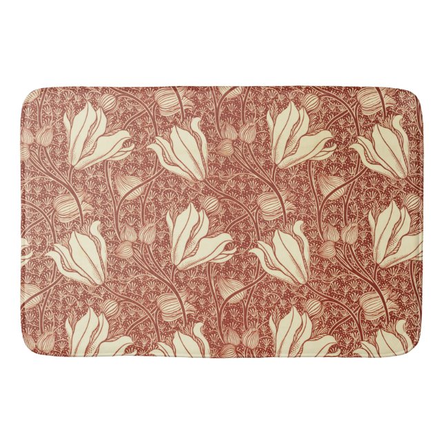 William Morris Style Red Lily Floral Pattern Bath Mat (Front)