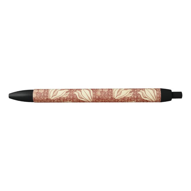 William Morris Style Red Lily Floral Pattern Black Ink Pen (Front)