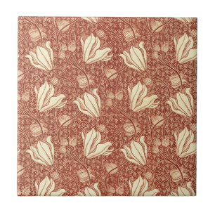 William Morris Style Red Lily Floral Pattern Ceramic Tile