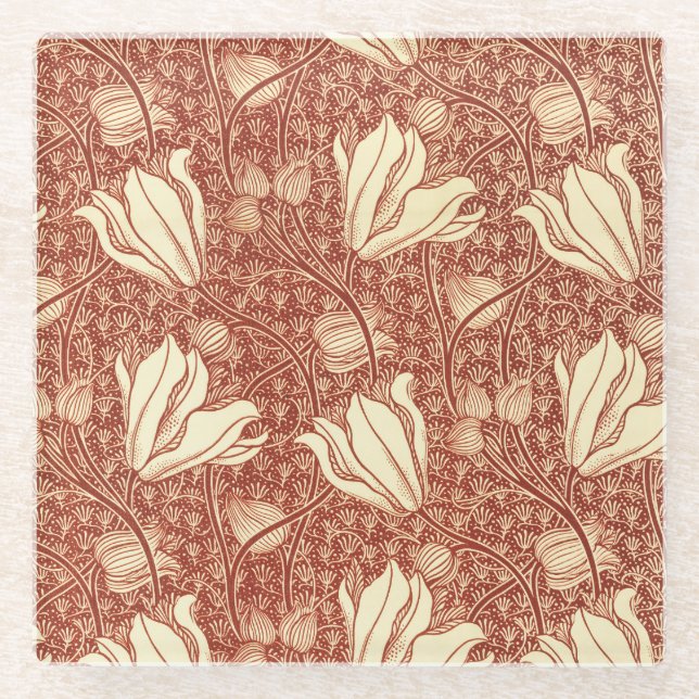 William Morris Style Red Lily Floral Pattern Glass Coaster (Front)