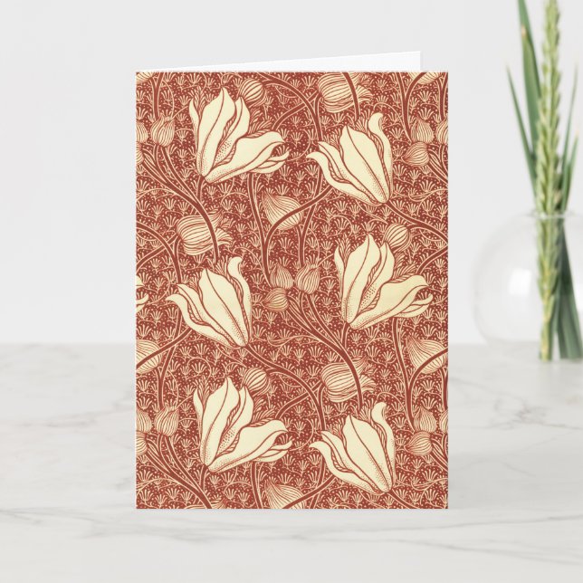 William Morris Style Red Lily Floral Pattern Holiday Card (Front)