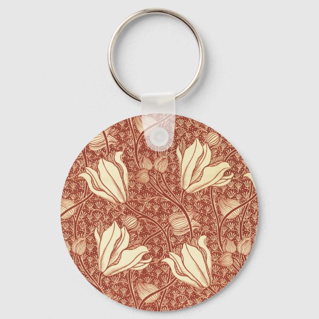 William Morris Style Red Lily Floral Pattern Key Ring (Front)
