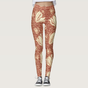 William Morris Style Red Lily Floral Pattern Leggings