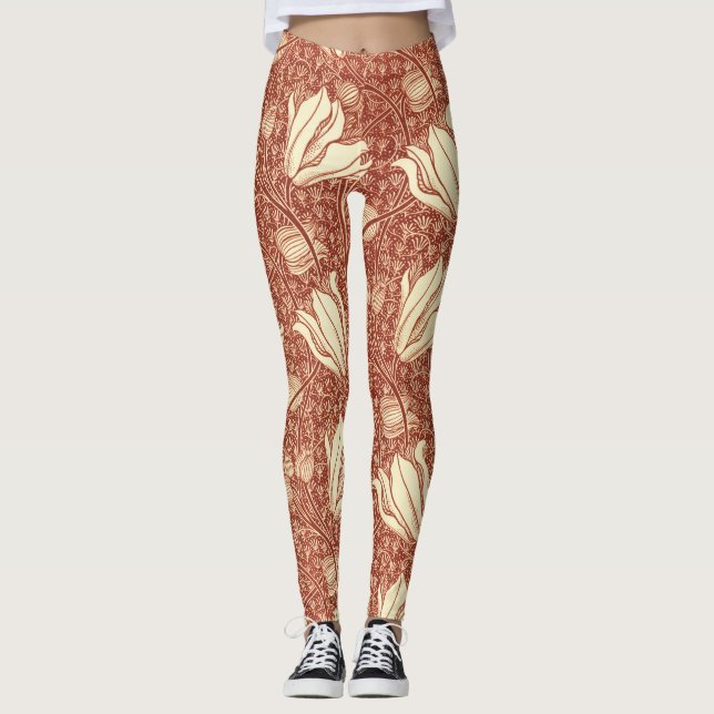 William Morris Style Red Lily Floral Pattern Leggings (Front)