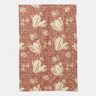William Morris Style Red Lily Floral Pattern Tea Towel