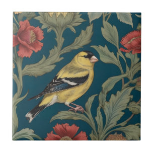 William Morris style Right American Goldfinch Bird Ceramic Tile