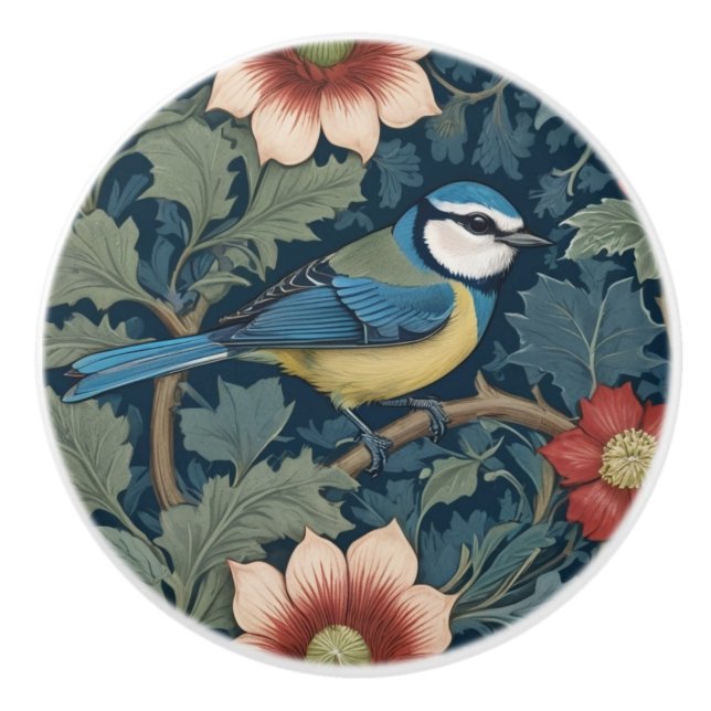 William Morris style Right facing Bird Blue Tit  Ceramic Knob (Front)