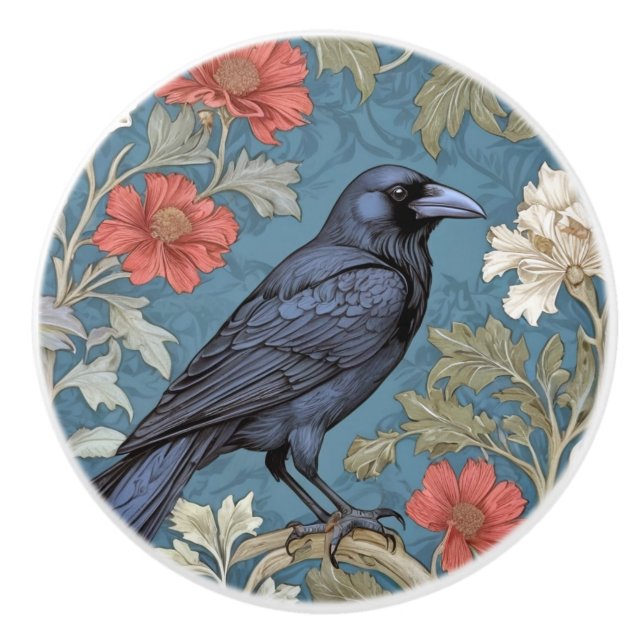 William Morris style Right facing Black Crow Bird  Ceramic Knob (Front)