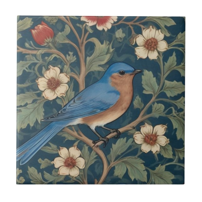 William Morris style Right facing Bluebird Bird Ceramic Tile (Front)