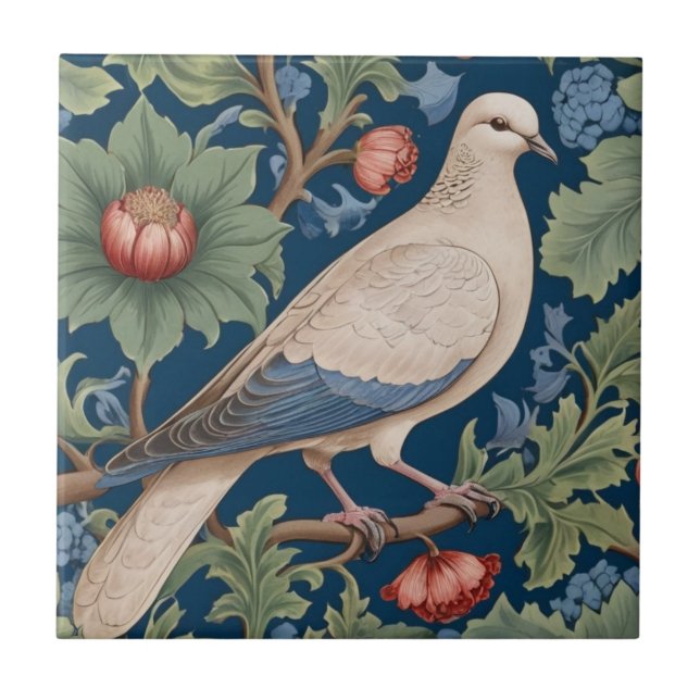 William Morris style Right facing Dove Bird Ceramic Tile (Front)