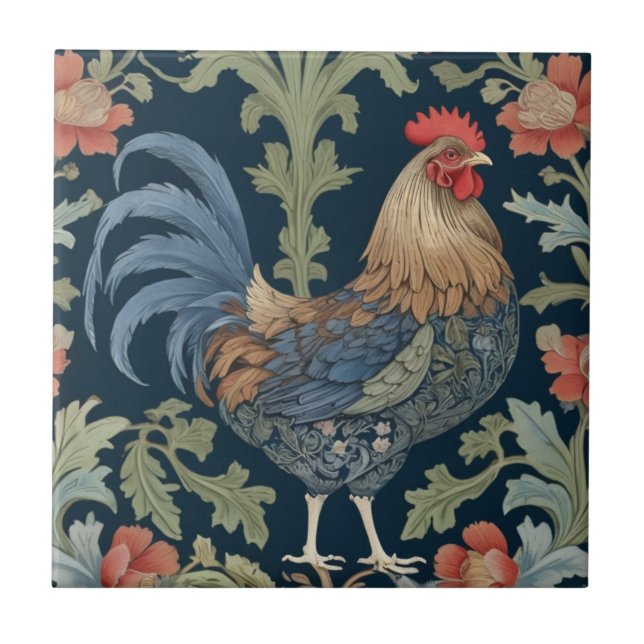 William Morris style Right facing Floral Chicken Ceramic Tile (Front)