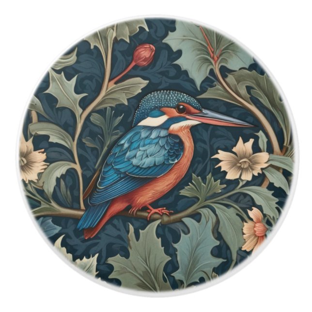 William Morris style Right facing Kingfisher Bird Ceramic Knob (Front)