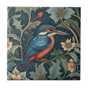 William Morris style Right facing Kingfisher Bird Ceramic Tile