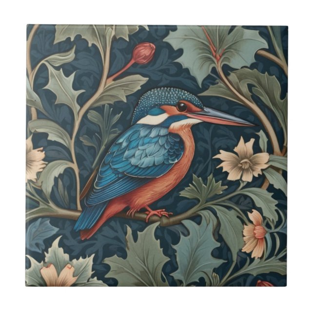 William Morris style Right facing Kingfisher Bird Ceramic Tile (Front)