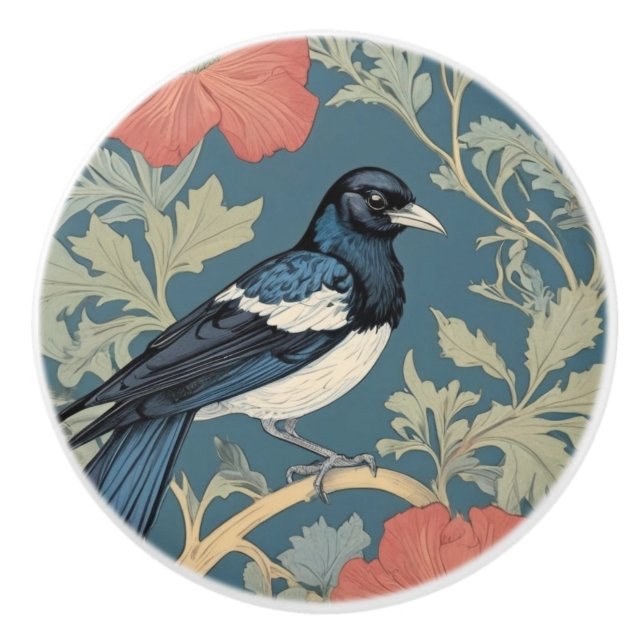 William Morris style Right facing Magpie Bird  Ceramic Knob (Front)