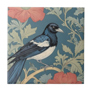 William Morris style Right facing Magpie Bird  Ceramic Tile