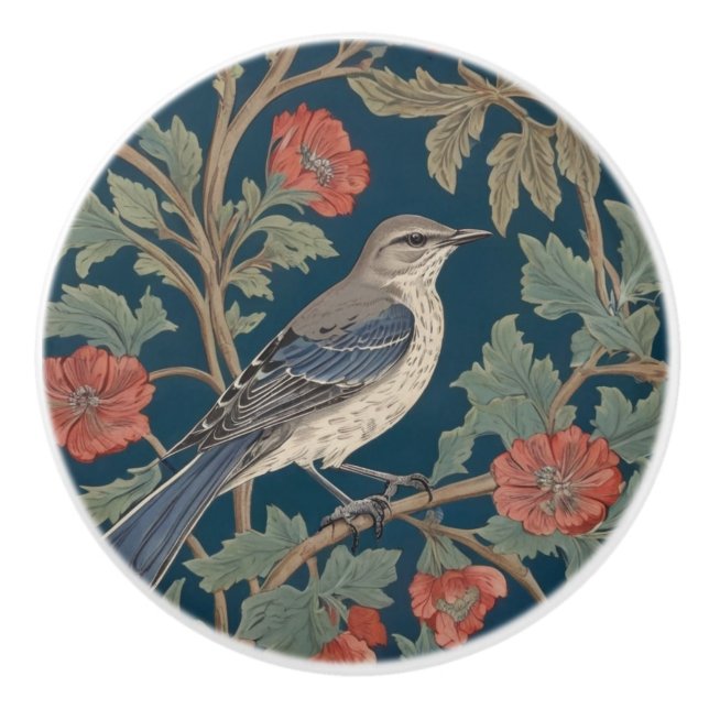 William Morris style Right facing Mockingbird Bird Ceramic Knob (Front)
