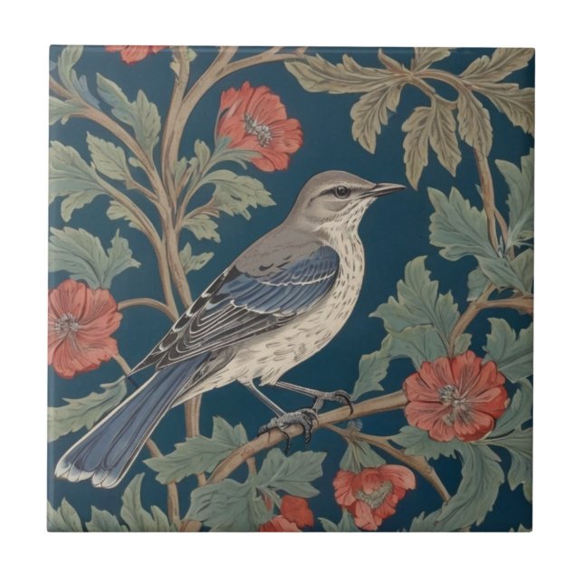 William Morris style Right facing Mockingbird Bird Ceramic Tile (Front)