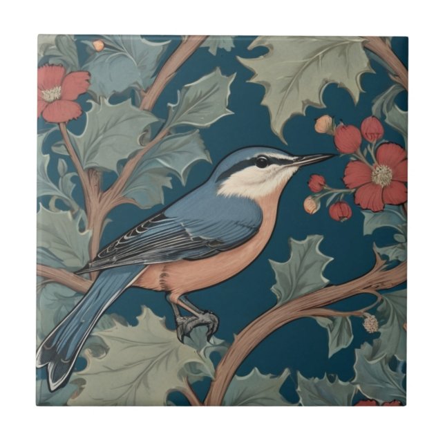 William Morris style Right Facing Nuthatch Bird Ceramic Tile (Front)