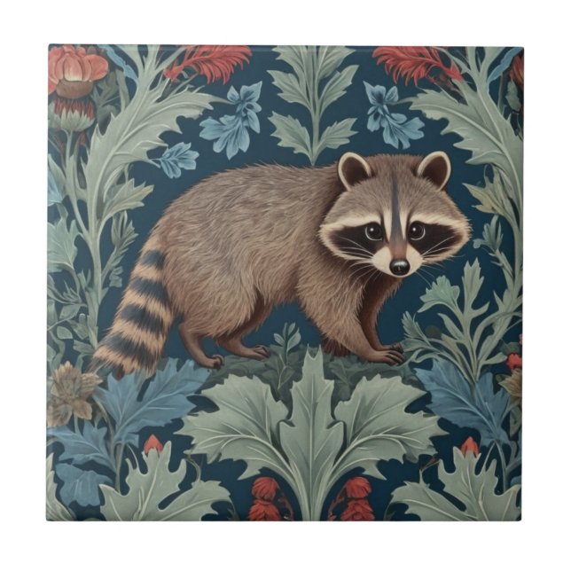 William Morris style Right Facing Racoon Ceramic Tile (Front)