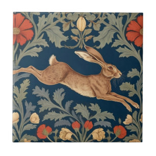 William Morris style Right Facing Running Hare Ceramic Tile