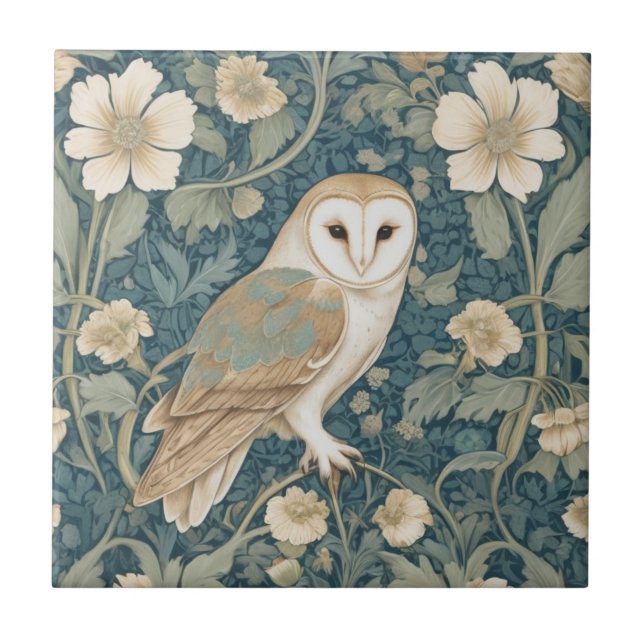 William Morris style Right Teal Cream Barn Owl Ceramic Tile (Front)