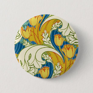 William Morris Style Teal & Gold Tulip Floral Art 6 Cm Round Badge