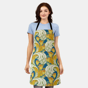 William Morris Style Teal & Gold Tulip Floral Art Apron