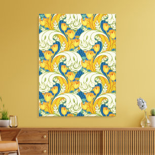 William Morris Style Teal & Gold Tulip Floral Art Canvas Print