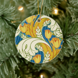 William Morris Style Teal & Gold Tulip Floral Art Ceramic Ornament