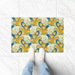 William Morris Style Teal & Gold Tulip Floral Art Doormat