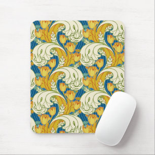 William Morris Style Teal & Gold Tulip Floral Art Mouse Pad