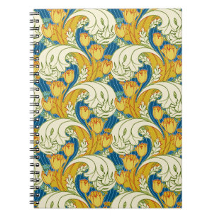 William Morris Style Teal & Gold Tulip Floral Art Notebook