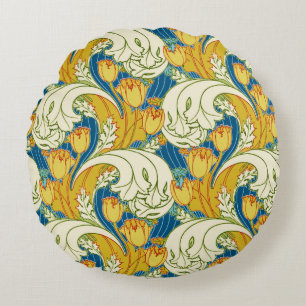 William Morris Style Teal & Gold Tulip Floral Art Round Cushion
