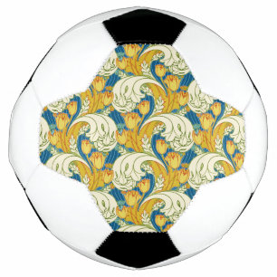William Morris Style Teal & Gold Tulip Floral Art Soccer Ball