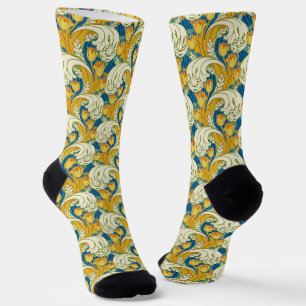 William Morris Style Teal & Gold Tulip Floral Art Socks