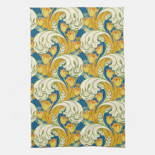 William Morris Style Teal & Gold Tulip Floral Art Tea Towel