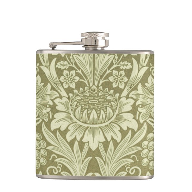 William Morris Sunflower Green Flower  Hip Flask (Front)