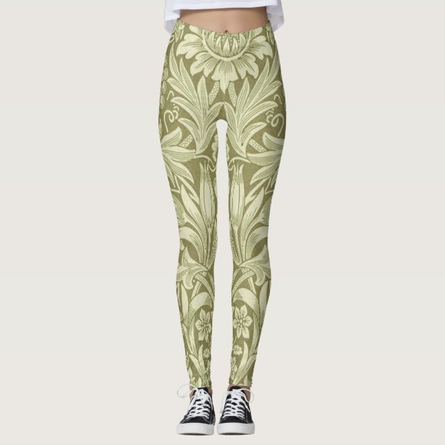 William Morris Sunflower Green Flower  Leggings (Front)