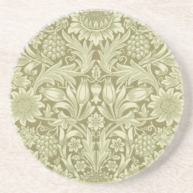 William Morris Sunflower Vintage Olive Damask Coaster (Front)