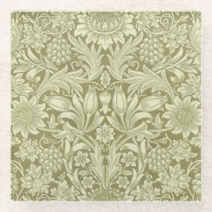 William Morris Sunflower Vintage Olive Damask Glass Coaster