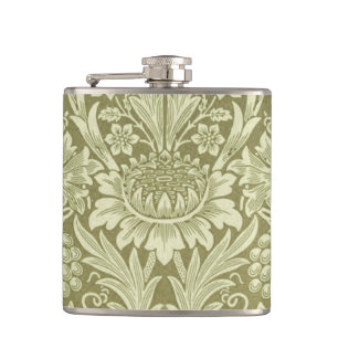 William Morris Sunflower Vintage Olive Damask Hip Flask