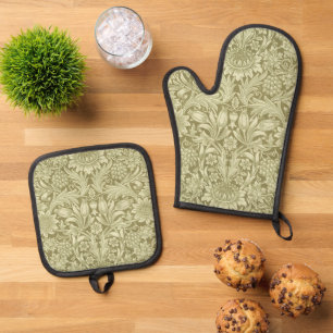William Morris Sunflower Vintage Olive Damask Oven Mitt & Pot Holder Set