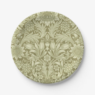 William Morris Sunflower Vintage Olive Damask Paper Plate