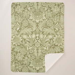 William Morris Sunflower Vintage Olive Damask Sherpa Blanket