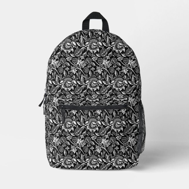 William Morris Sunflowers, Black, White and Grey Printed Backpack (Front)