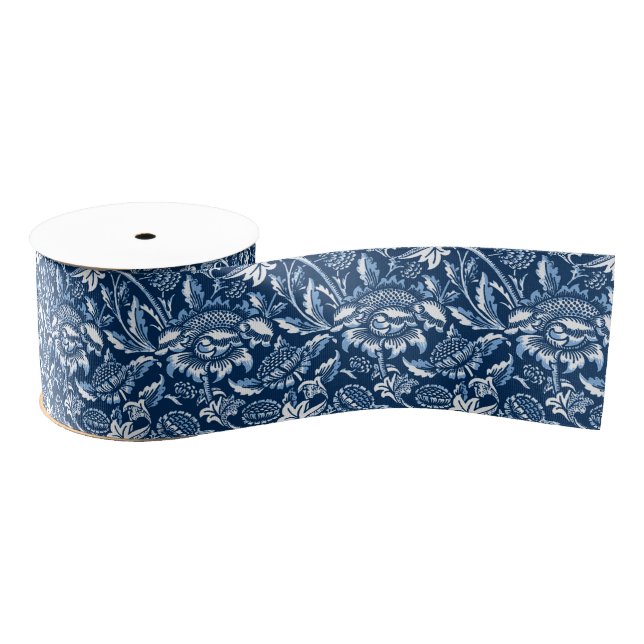 William Morris Sunflowers, Dark Blue and White Grosgrain Ribbon (Spool)