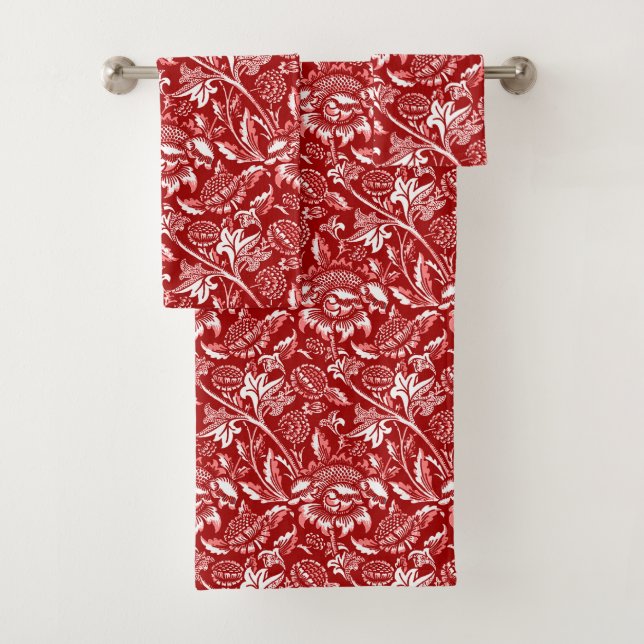 William Morris Sunflowers, Deep Red and White Bath Towel Set (Insitu)