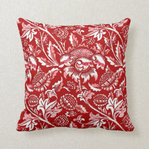 William Morris Sunflowers, Deep Red and White Cushion